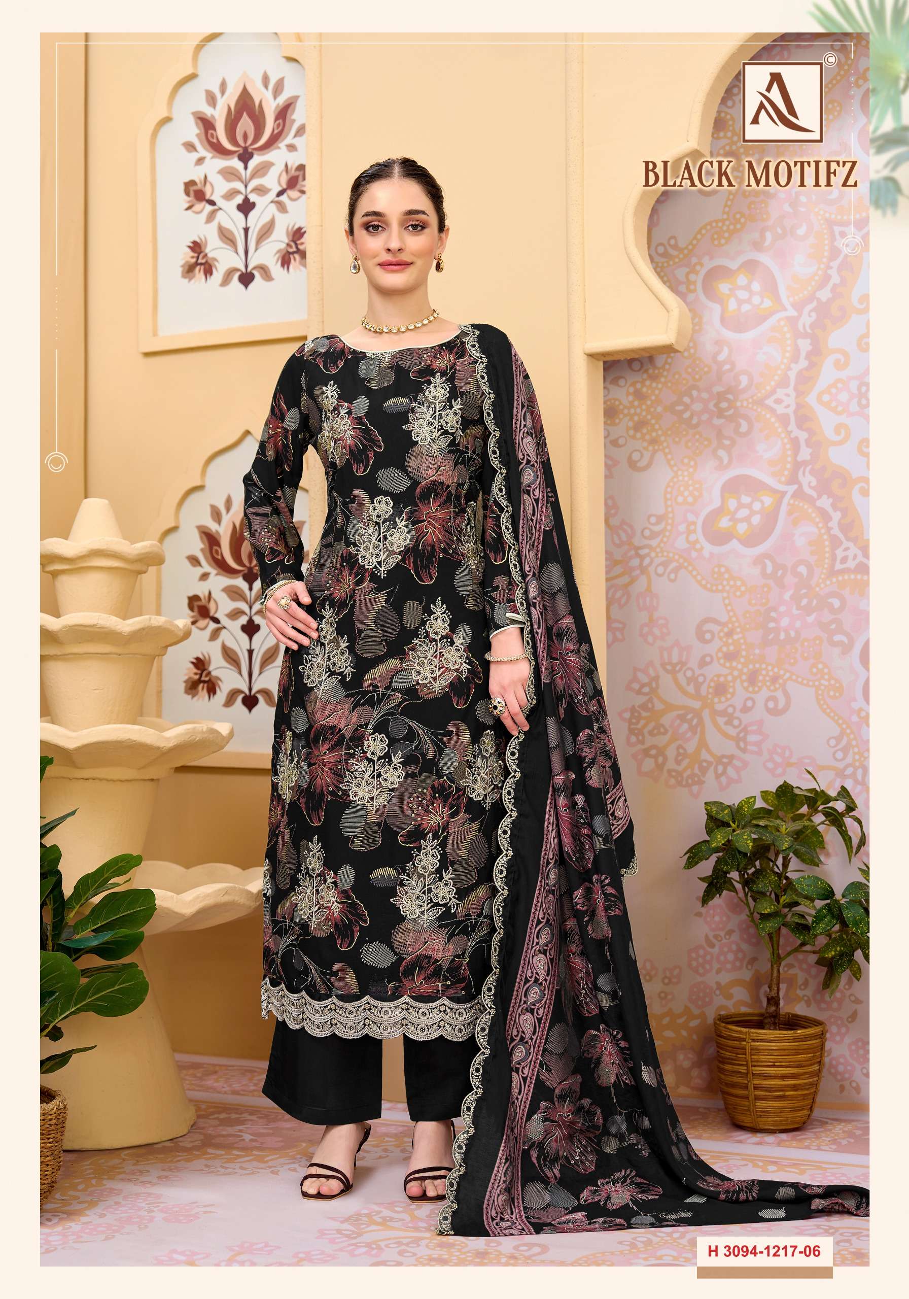 ALOK SUIT BLACK MOTIFZ REYON DISCHARGE FOIL PRINT BLACK COLOR SALWAR KAMEEZ LOW RATE SUPPLIER